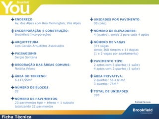 FICHA TÉCNICA

    + ENDEREÇO com Rua Flemington, Vila Alpes
      Av. dos Alpes
                                                + UNIDADES POR PAVIMENTO:
                                                  08 (oito)


    + INCORPORAÇÃO E CONSTRUÇÃO:
      Brookfield Incorporações
                                                + NÚMERO DE ELEVADORES: 4 aptos
                                                  4 (quatro), sendo 2 para cada


    + ARQUITETURA: Associados
      Lins Galvão Arquitetos
                                                + NÚMERO DE VAGAS:
                                                  371 vagas
                                                  sendo 360 simples e 11 duplas
    + PAISAGISMO:
      Sergio Santana
                                                  (1 e 2 vagas por apartamento)

                                                + PAVIMENTO3TIPO: (1 suíte)
    + DECORAÇÃO DAS ÁREAS COMUNS:
      Natália Veloso
                                                  2 aptos com quartos
                                                  4 aptos com 2 quartos (1 suíte)

    + ÁREA DO TERRENO:
      6.117,55m²
                                                + ÁREA PRIVATIVA:
                                                  2 quartos: 56 a 61m²
                                                  3 quartos: 74m²
    + NÚMERO DE BLOCOS:
      02                                        + TOTAL DE UNIDADES:
                                                  320
    + NÚMERO DE PAVIMENTOS:+ 1 subsolo
      20 pavimentos tipo + térreo
      totalizando 22 pavimentos


Ficha Técnica
 