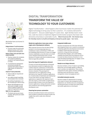 APPLICATION DATA SHEET
DIGITAL TRANFORMATION
TRANSFORM THE VALUE OF 
TECHNOLOGY TO YOUR CUSTOMERS
Digital Transformation – what happens when businesses realize the potential of 
digital technology to bring value to their customers.  It’s created a demand for 
two‐speed IT… because coded legacy IT is plain slow. Agile DevOps teams need 
fast, code‐less tools to implement digital transformation projects that lower skill 
demands and produce sustainable results.   Meet Encanvas DX ‐ the fastest way 
for DevOps teams to build and deploy enterprise grade apps – bar none.
Modernize applications many ways using a 
single suite of development software
What	separates	Encanvas	from	all	other	DevOps
products	is	its	all	encompassing	nature,	its	
completeness	and	its	commitment	to	100%	code‐
free	publishing. With	Encanvas,	IT	teams	can	engage	
business	stakeholders	across‐the‐desk,	not in	back	
rooms.	Designed	with	DevOps	teams in	mind,	
Encanvas	is	a	modern	web	server	architecture that	
fully	leverages	Microsoft.NET.
Serve the long‐tail of applications demand
IT	teams	are	faced	with	growing	lists	of	demands	
from	information	workers	for	applications	that	
combine	disparate	combinations	of	information	
assets	to	create	applications	that	respond	to	new	
business	situations.	This	growing	list	of	
requirements	for	new applications	is	being	
described	as	the	‘long‐tail’	of	software	applications	
(i.e.	A	small	number	of	individuals	and	small	groups	
of	users	who	need	to	use	large	numbers	of	
applications	as	opposed	to	the	majority	of	users	
who	only	require	a	small	number	of	applications).	
Encanvas	helps	IT	teams	to	serve	the	long‐tail	of	
business	applications;	making	information	workers	
more	productive	and	removing	applications	
development	costs.
Powering lean process automation
Encanvas	streamlines	human‐centric	processes	to	
boost	workforce	productivity	and	gives	leaders	the	
insights	they	need	to	make	more	informed	
decisions.
Integrated middle‐ware
Encanvas	incorporates one	of	the	most	advanced	
data	integration	layers	ever	created	in	an	enterprise	
computing	applications	development	environment.	
It	employs	a	point‐and‐click	suite	of	data	
connectors,	a	drag‐and‐drop	systemized	
information	flow	designer,	and	a	multi‐linking	
capability	that	blends	data	from	disparate	sources	
to	create	new	data	structures.	Encanvas	is	a	true	
multi‐threading	technology	that	can	engage	a	series	
of	data	sources	at	the	same	time.
Ready‐to‐use design elements
Encanvas	includes	a	series	of	ready‐to‐use	building	
blocks	that	can	be	brought	together	in	different	
ways	to	produce	new	applications. These	include	
components	for	data	capture,	business	intelligence,	
reporting,	search	and	discovery,	content	
management,	instant	messaging	and	more.
Unrivalled enterprise security
Encanvas	enables	IT	administrators	to	manage	
every	aspect	of	master	data	management,	portal	
deployment,	user	identity	and	access	management	
and	data	governance	no	matter	how	many	portals	
and	mobile	applications	are	developed.
Why DevOps Teams Use Encanvas To
Go Code‐less
Bridge between IT and the business
Encanvas makes the partnership 
between business and IT work
through iterative development 
Reduce project costs and make more 
projects possible
Encanvas reduces the complexity 
of IT projects by delivering 
concept‐to‐real implementations 
in 4‐steps
A comprehensive development 
environment provides the 
essential tools authors need in a 
single design and deployment 
platform
Improve IT team productivity
Fewer IT skills are required and 
fewer IT tools
Up to 60% of project specifying 
and simulation time is removed
Re‐working of applications is all 
but removed (up to 25% of costs) 
Master Data Management and 
web service strategies cascade 
robust IT platform support the 
long‐tail of applications demands
Right‐first time applications 
The fastest and securest means 
to deliver .NET portal and mobile 
applications
 