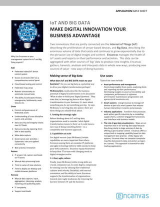 APPLICATION DATA SHEET
IoT AND BIG DATA
MAKE DIGITAL INNOVATION YOUR 
BUSINESS ADVANTAGE
Two innovations that are jointly connected are the Internet of Things (IoT)
describing the proliferation of sensor‐based devices, and Big Data, describing the 
enormous volume of data that exists and continues to grow exponentially due to 
the pervasive use of digital images and content.  Encanvas manages the health of 
IoT assets and reports on their performance and activities.  This data can be 
aggregated with other sources of ‘big’ data to produce new insights. Encanvas 
gathers, harvests, analyses and interprets data in whole new ways, producing new 
sources of value ‐ new ways of doing business.
Making sense of big data
What does IoT and BIG DATA mean to your 
business?  Do	you	see big	data	as	a	potential	way			
to	drive your	digital	transformation perhaps?
McKinsey&Co.	neatly	describe	the	business	
potential	of	digital	transformation	in	its	document	
'What	it	takes	to	build	your	Digital	Quotient'.		They	
state	that,	to	leverage	big	data	to	drive	digital	
transformation	in	your	business,	it’s	more	about	
something	you	do,	not something	you	buy. So	says	
McKinsey, to	turn	big	data	into	power, there	are	
three	things	you	should	think	about:
1.	Getting	the	strategy	right
Before	thinking	about	IoT	and	big	data,	
organizations	need	to	consider	'what	digital	
transformation	means	to	them'	as	it	could	mean	a	
new	way	of	doing	something	better	‐ or	a	
completely	new	business	approach.
2.	Capabilities	at	scale
For	digital	success	(says	McKinsey)	certain	
capabilities	are	more	important	than	others.	
Foremost	among	them	are	modular	IT	platforms	
and	agile	technology‐delivery	skills	needed	to	keep	
pace	with	customers.		Encanvas	equips	businesses	
to	keep	their	IT	in‐tune	with	changing	needs	as	
digital	strategies	evolve.
3.	A	fast,	agile	culture
Finally,	(says	McKinsey)	while	strong	skills	are	
crucial,	companies	can, to	some	degree, compensate	
for	missing	ones	by	infusing	their	traditional	
cultures	with	velocity,	flexibility,	and	external	
orientation,	and	the	ability	to	learn.	Encanvas	
supports	the	transformation	of	organizations	
towards	more	agile	tendencies by	removing	the	
barriers	between	'IT	and	the	business'.		
Use cases
Typical	use	cases	include:
Asset performance and management ‐
Harvesting	insights	from	assets,	analysing	them	
and	reporting	on	their	performance.		
Developing	insights	in	asset	serviceability	and	
component	performance	to	optimize	
preventative	maintenance	programmes	and	
spares	stock	inventories	etc.
Smart systems ‐ Using Encanvas to manage IoT 
devices as part of a smart system that reduces 
human intervention in events and processes.
Industry applications ‐ Transform how processes 
work within specific industries by re‐modelling 
supply‐chains, customer engagement processes, 
user interfaces and business models.
The role of geo­data visualizations – Maps are an 
important tool in IoT and big data apps because 
they bring clarity to large volumes of data by 
offering a geo‐location context.  Encanvas offers a 
unique built‐in mapping capability based on data 
management best practise.  Unlike legacy GIS 
systems, Encanvas does not compose composite 
map files but presents data and vectors as layers 
on a canvas.  This approach is essential for data
mashup applications.
Why Use Encanvas as your 
management system for IoT and Big 
Data projects?
Add
Federated robot/IoT device 
control system
Access to services 24x7 via a 
comprehensive control panel 
Cloud‐based scaling and control
Federated map views
Robotic functionality to 
automate manual tasks
The ability to anticipate threats, 
emergencies, bottlenecks, asset 
failures etc.
Grow
Control and governance of 
federated assets 
Understanding of cross‐discipline 
events and activities
Data security and integrity checks 
over IoT feeds
Data accuracy by exposing short‐
falls in data quality
Meta‐data capture
Governance over activities –
Systematic rules are applied 
consistently
Best‐practise innovation
Reduce
IT project risk, spend, overheads 
on IT teams
Manual data processing tasks
Time‐to‐value of new solutions
Time to deploy on desktop and 
mobile browser platforms
Remove
Manual data capture, input, 
aggregation, cleansing, analysis, 
reporting and publishing tasks
IT complexity
Support overheads 
 