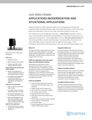 APPLICATION DATA SHEET
LIVE WIRE‐FRAME
APPLICATIONS MODERNIZATION AND 
SITUATIONAL APPLICATIONS
Experimentation is really important when you’re designing something‐well, 
anything really, including software apps.  But experimentation is time consuming.  
When you build apps it can be ‘too costly’ and cause projects to over‐run.
The traditional way of designing a web app is a Wire‐Frame that offers a basic 
visual representation of elements and establishes a hierarchy of information and 
application components.  Until stakeholders can see a live site with live data the 
risks of project failure remain extremely high.  Encanvas offers the fastest and 
most affordable means to produce best‐fit right‐first‐time apps as ‘live’ 
prototypes, dramatically reducing project over‐runs and minimizing project risks.
What Is It?
An	integrated	codeless	design	platform	and	cloud	
ecosystem	that	enables	designers	to	iteratively	
design	and	deploy	applications	in	conjunction	with	
stakeholders	to	produce	best‐fit	results	every	time	
using	the	client’s	own	data.
Modernize applications many ways using a 
single suite of development software
What separates	Encanvas	from	all	other	
applications	modernization	products	is	its	all	
encompassing	nature,	its	completeness	and	its	
commitment	to	100%	code‐free	publishing. With	
Encanvas,	IT	teams	can	engage	business	
stakeholders	across‐the‐desk,	not in	back	rooms.	
Designed	with	cloud computing	in	mind,	Encanvas	
is	a	modern	web	server	architecture	that	fully	
leverages	Microsoft	.NET.
Stand‐out Capabilities
• Code‐less	design	elements	have common	
properties,	inter‐operability,	drag	‘n’	drop	
linking etc.
• Design	wizards	remove	coding	errors	
• Built‐in	data	ETL	and	mashup	capabilities
• 30+	code‐less	data	connectors
• Rapid	deployment	of	live	solutions	
• Easily	harvest	data	from	existing	and	new	
repositories
• Powerful	data	visualisation	and	geo‐mapping	
• Version	Rollback	– futureproofing
• If‐Then	logic	engine
• Powerful	integration	of	3rd	party	apps	with	
JSON,	C#,	HTML	and	DLL	options
Integrated middle‐ware
Encanvas	incorporates one	of	the	most	advanced	
data	integration	layers	ever	created	in	an	enterprise	
computing	applications	development	environment.	
It	employs	a	point‐and‐click	suite	of	data	
connectors,	a	drag‐and‐drop	systemized	
information	flow	designer,	and	a	multi‐linking	
capability	that	blends	data	from	disparate	sources	
to	create	new	data	structures.	Encanvas	is	a	true	
multi‐threading	technology	that	can	engage	a	series	
of	data	sources	at	the	same	time.
Ready‐to‐use design elements
Encanvas	includes	a	series	of	ready‐to‐use	building	
blocks	that	can	be	brought	together	in	different	
ways	to	produce	new	applications. These	include	
components	for	data	capture,	business	intelligence,	
reporting,	search	and	discovery,	content	
management,	instant	messaging	and	more.
Unrivalled enterprise security
Encanvas	enables	IT	administrators	to	manage	
every	aspect	of	master	data management,	portal	
deployment,	user	identity	and	access	management	
and	data	governance	no	matter	how	many	portals	
and	mobile	applications	are	developed.
Why Use Encanvas To Design App 
Prototypes?
Why Use It?
Speed time to value
Minimize project costs and risks
Improve app quality, reduce 
designer skills and numbers
Reduce project costs and make more 
projects possible
Reduce the complexity of IT 
projects by delivering concept‐to‐
real implementations in 4‐steps
A comprehensive development 
environment provides the 
essential tools authors need in a 
single design and deployment 
platform
Improve IT team productivity
Fewer IT skills are required and 
fewer IT tools
Up to 60% of project specifying 
and simulation time is removed
Re‐working of applications is all 
but removed (up to 25% of costs) 
Master Data Management and 
web service strategies cascade 
robust IT platform support the 
long‐tail of applications demands
Right‐first time applications 
The fastest and securest means 
to deliver .NET portal and mobile 
applications
 