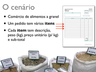 O cenário
• Comércio de alimentos a granel
• Um pedido tem vários itens
• Cada item tem descrição,
  peso (kg), preço unitário (p/ kg)
  e sub-total




  Turing.com.br
 