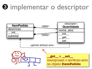 ➌ implementar o descriptor




                 __get__ e __set__
                 manipulam o atributo-alvo
 Turing.com.br   no objeto ItemPedido
 