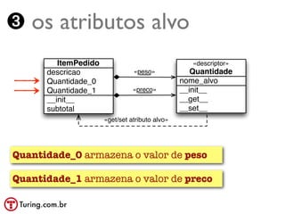 ➌ os atributos alvo
         ItemPedido                                «descriptor»
      descricao                 «peso»             Quantidade
      Quantidade_0                              nome_alvo
      Quantidade_1              «preco»         __init__
      __init__                                  __get__
      subtotal                                  __set__
                      «get/set atributo alvo»




Quantidade_0 armazena o valor de peso

Quantidade_1 armazena o valor de preco
 