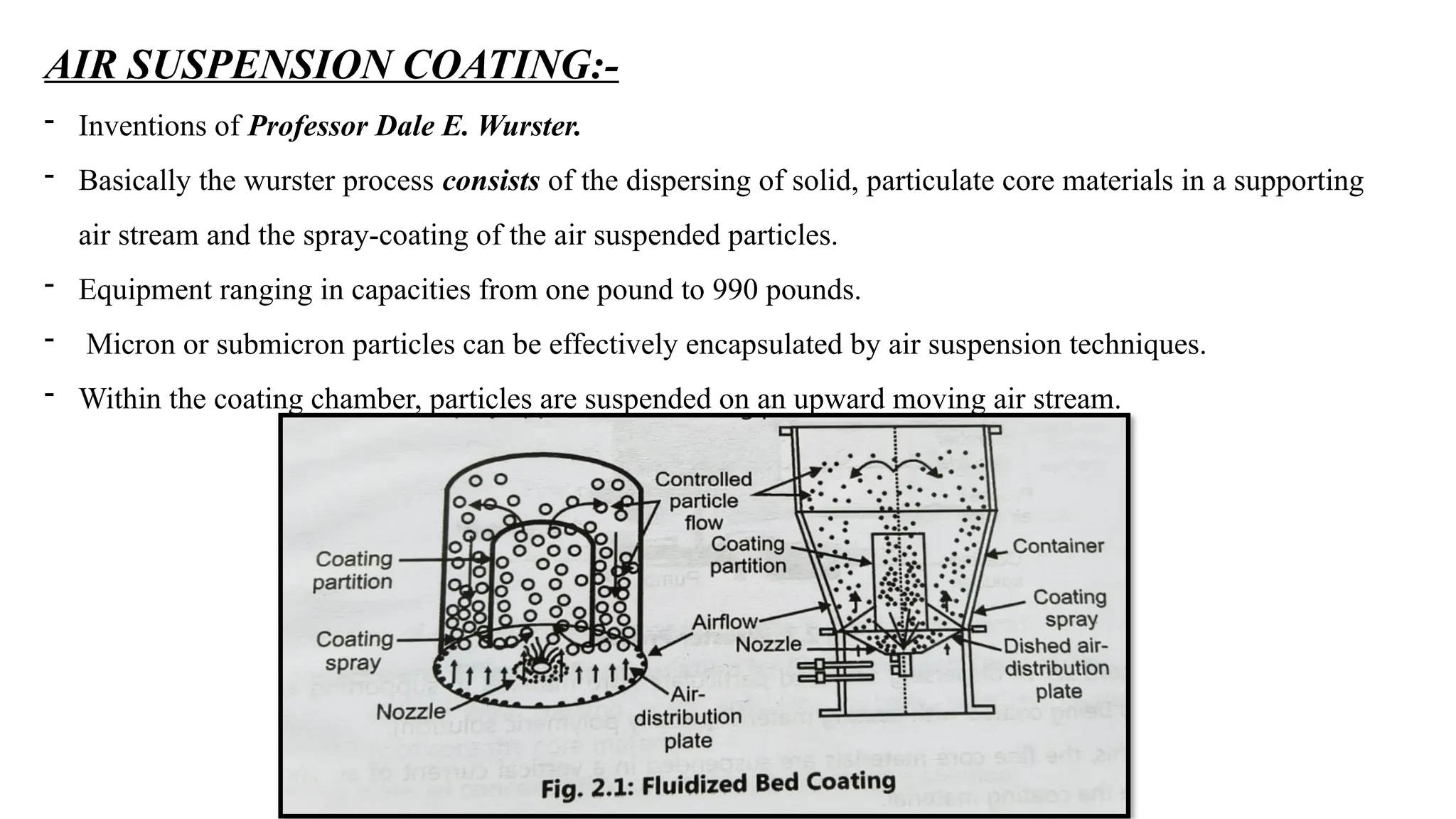 AIR SUSPENSION COATING:-
- Inventions of Professor Dale E. Wurster.
- Basically the wurster process consists of the dispersing of solid, particulate core materials in a supporting
air stream and the spray-coating of the air suspended particles.
- Equipment ranging in capacities from one pound to 990 pounds.
- Micron or submicron particles can be effectively encapsulated by air suspension techniques.
- Within the coating chamber, particles are suspended on an upward moving air stream.
 