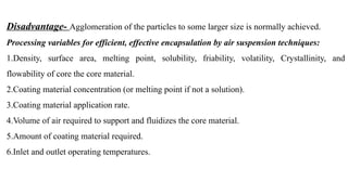 Disadvantage- Agglomeration of the particles to some larger size is normally achieved.
Processing variables for efficient, effective encapsulation by air suspension techniques:
1.Density, surface area, melting point, solubility, friability, volatility, Crystallinity, and
flowability of core the core material.
2.Coating material concentration (or melting point if not a solution).
3.Coating material application rate.
4.Volume of air required to support and fluidizes the core material.
5.Amount of coating material required.
6.Inlet and outlet operating temperatures.
 