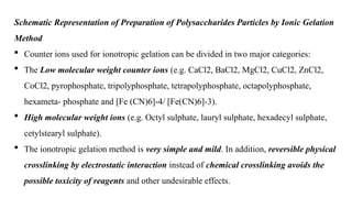 Schematic Representation of Preparation of Polysaccharides Particles by Ionic Gelation
Method
 Counter ions used for ionotropic gelation can be divided in two major categories:
 The Low molecular weight counter ions (e.g. CaCl2, BaCl2, MgCl2, CuCl2, ZnCl2,
CoCl2, pyrophosphate, tripolyphosphate, tetrapolyphosphate, octapolyphosphate,
hexameta- phosphate and [Fe (CN)6]-4/ [Fe(CN)6]-3).
 High molecular weight ions (e.g. Octyl sulphate, lauryl sulphate, hexadecyl sulphate,
cetylstearyl sulphate).
 The ionotropic gelation method is very simple and mild. In addition, reversible physical
crosslinking by electrostatic interaction instead of chemical crosslinking avoids the
possible toxicity of reagents and other undesirable effects.
 