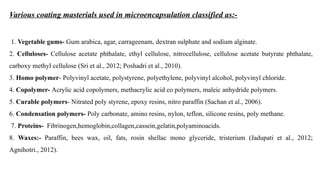Various coating masterials used in microencapsulation classified as:-
1. Vegetable gums- Gum arabica, agar, carrageenam, dextran sulphate and sodium alginate.
2. Celluloses- Cellulose acetate phthalate, ethyl cellulose, nitrocellulose, cellulose acetate butyrate phthalate,
carboxy methyl cellulose (Sri et al., 2012; Poshadri et al., 2010).
3. Homo polymer- Polyvinyl acetate, polystyrene, polyethylene, polyvinyl alcohol, polyvinyl chloride.
4. Copolymer- Acrylic acid copolymers, methacrylic acid co polymers, maleic anhydride polymers.
5. Curable polymers- Nitrated poly styrene, epoxy resins, nitro paraffin (Sachan et al., 2006).
6. Condensation polymers- Poly carbonate, amino resins, nylon, teflon, silicone resins, poly methane.
7. Proteins- Fibrinogen,hemoglobin,collagen,cassein,gelatin,polyaminoacids.
8. Waxes:- Paraffin, bees wax, oil, fats, rosin shellac mono glyceride, tristerium (Jadupati et al., 2012;
Agnihotri., 2012).
 