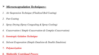  Microencapsulation Techniques:-
1. Air Suspension Technique (Fluidized Bed Coating)
2. Pan Coating
3. Spray Drying (Spray Congealing & Spray Cooling)
4. Coacervation ( Simple Coacervation & Complex Coacervation)
5. Ionotropic Gelation Technique
6. Solvent Evaporation (Simple Emulsion & Double Emulsion)
7. Polymerization
8. Multiorific Centrifugal Process
 