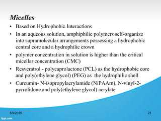 Micelles
• Based on Hydrophobic Interactions
• In an aqueous solution, amphiphilic polymers self-organize
into supramolecular arrangements possessing a hydrophobic
central core and a hydrophilic crown
• polymer concentration in solution is higher than the critical
micellar concentration (CMC)
• Resveratrol - polycaprolactone (PCL) as the hydrophobic core
and poly(ethylene glycol) (PEG) as the hydrophilic shell
• Curcumin- N-isopropylacrylamide (NiPAAm), N-vinyl-2-
pyrrolidone and poly(ethylene glycol) acrylate
5/9/2015 21
 
