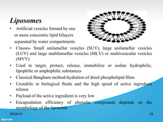 Liposomes
• Artificial vesicles formed by one
or more concentric lipid bilayers
separated by water compartments
• Classes- Small unilamellar vesicles (SUV), large unilamellar vesicles
(LUV) and large multilamellar vesicles (MLV) or multivesicular vesicles
(MVV)
• Used to target, protect, release, immobilize or isolate hydrophilic,
lipophilic or amphiphilic substances
• Classical Bangham method-hydration of dried phospholipid films
• Unstabile in biological fluids and the high speed of active ingredient
release
• Payload of the active ingredient is very low
• Encapsulation efficiency of phenolic compounds depends on the
morphology of the liposome
5/9/2015 22
 