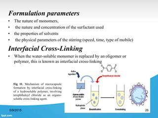 Formulation parameters
• The nature of monomers,
• the nature and concentration of the surfactant used
• the properties of solvents
• the physical parameters of the stirring (speed, time, type of mobile)
Interfacial Cross-Linking
• When the water-soluble monomer is replaced by an oligomer or
polymer, this is known as interfacial cross-linking
5/9/2015 26
Fig 11. Mechanism of microcapsule
formation by interfacial cross-linking
of a hydrosoluble polymer, involving
terephthaloyl chloride as an organo-
soluble cross-linking agent.
 