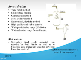 Spray drying
• Very rapid method
• Single stage method
• Continuous method
• Most widely method
• Economical, flexible method
• High quality and stable particle
• Wide particle size range (10-100µm)
• Wide selection range for wall material
Wall material
• Secondary food grade material, non
reactive to food matrix as well as to
bioactive core ingredient used for covering
bioactive material
5/9/2015 7
Fig 1: Schematic illustration of a
spray- drying apparatus.
 