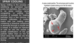 SPRAY COOLING
Spray chilling is the process of
solidifying an atomized liquid
spray into particles. Also referred
to as spray cooling, spray
congealing, or prilling, this
process is suitable for making
particles from a few microns to
several millimeter. A molten
matrix with low melting point
containing a bioactive compound
is atomized through a nozzle into
a vessel. It is based on injection
of cold air into the vessel to
enable solidification of the gel
particle rather than on hot air
which dries the droplet into fine
powder particle as in spray
drying.
 