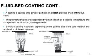 FLUID-BED COATING CONT..
➢ A coating is applied onto powder particles in a batch process or a continuous
setup
➢ The powder particles are suspended by an air stream at a specific temperature and
sprayed with an atomized, coating material
➢ 5–50% of coating is applied, depending on the particle size of the core material and
application of the encapsulate
24
 