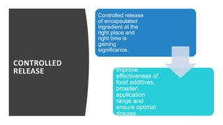 CONTROLLED
RELEASE
Controlled release
of encapsulated
ingredient at the
right place and
right time is
gaining
significance.
Improve
effectiveness of
food additives,
broaden
application
range and
ensure optimal
dosage.
 