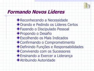 Formando Novos Líderes Reconhecendo a Necessidade Orando e Pedindo os Líderes Certos Fazendo o Discipulado Pessoal Propondo o Desafio Escolhendo os Mais Indicados Confirmando o Comprometimento Definindo Funções e Responsabilidades Convivendo com os Sucessores Ensinando a Exercer a Liderança Atribuindo Autoridade 