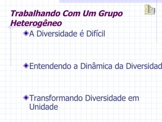 Trabalhando Com Um Grupo Heterogêneo A Diversidade é Difícil  Entendendo a Dinâmica da Diversidade Transformando Diversidade em Unidade   