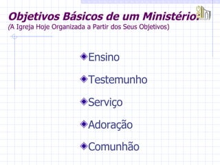 Objetivos Básicos de um Ministério:   ( A Igreja Hoje Organizada a Partir dos Seus Objetivos) Ensino  Testemunho  Serviço  Adoração Comunhão   