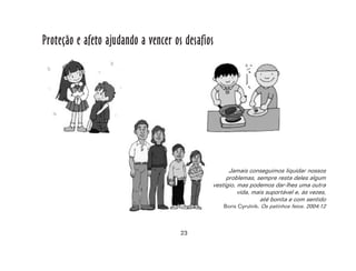 23
Proteção e afeto ajudando a vencer os desafios
Jamais conseguimos liquidar nossos
problemas, sempre resta deles algum
vestígio, mas podemos dar-lhes uma outra
vida, mais suportável e, às vezes,
até bonita e com sentido
Boris Cyrulnik. Os patinhos feios. 2004:12
 