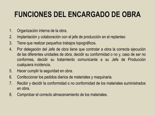 FUNCIONES DEL ENCARGADO DE OBRA
1.   Organización interna de la obra.
2.   Implantación y colaboración con el jefe de producción en el replanteo
3.   Tiene que realizar pequeños trabajos topográficos.
4.   Por delegación del Jefe de obra tiene que controlar a obra la correcta ejecución
     de las diferentes unidades de obra, decidir su conformidad o no y, caso de ser no
     conformes, decidir su tratamiento comunicante a su Jefe de Producción
     cualquiera incidencia.
5.   Hacer cumplir la seguridad en obra.
6.   Confeccionar los pedidos diarios de materiales y maquinaria.
7.   Recibir y decidir la conformidad o no conformidad de los materiales suministrados
     en obra.
8.   Comprobar el correcto almacenamiento de los materiales.
 