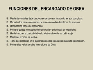 FUNCIONES DEL ENCARGADO DE OBRA
12.   Mediante controles debe cerciorarse de que sus instrucciones son cumplidas.
13.   Redactar los partes necesarias de acuerdo con las directrices de empresa.
14.   Redactar los partes de maquinaria.
15.   Preparar partes mensuales de maquinaria y existencias de materiales.
16.   Ha de imponer la puntualidad en lo relativo al comienzo del trabajo.
17.   Mantener el orden en la obra.
18.   Tiene que colaborar en la elaboración de los planes que realiza la planificación.
19.   Prepara las visitas de obra junto al Jefe de Obra.
 