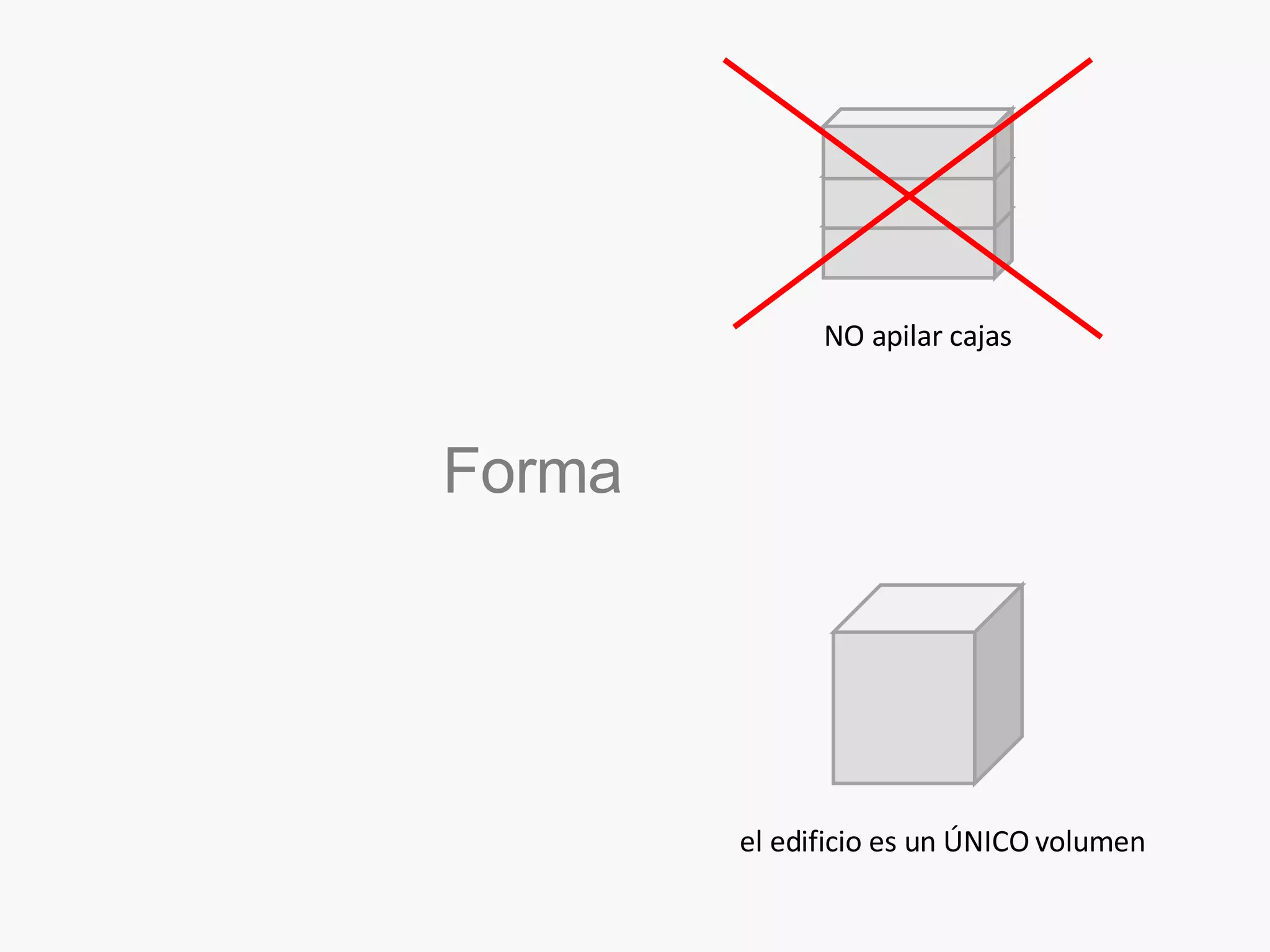 Forma el edificio es un ÚNICO volumen NO apilar cajas