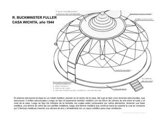TALLER DE ESTRUCTURA I
El sistema estructural se basa en un mástil metálico ubicado en el centro de la casa, del cual se fijan unos tensores estructurales, que
estructuran 3 anillos estructurales y luego se fijan el basamento también metálico con los 60cm de cámara de aire entre el suelo y el
nivel de la casa. Luego se fijan los módulos de la fachada, los cuales están compuestos por varios elementos, teniendo una base
metálica, una lámina de vidrio fija con perfiles metálicos, luego otra lámina metálica que continua hacia la cubierta la cual se compone
por 2 láminas metálicas creando una cámara de aire y rematándola con un casco metálico para crear ventilación.
R. BUCKMINSTER FULLER
CASA WICHITA, año 1944
 