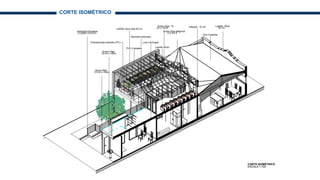 Acero-Viga
10 cm x 10cm
Acero-Pilar
10 cm x 10cm
Tabique - 10 cm
Ladrillo cara vista 25 cm
Acero-Viga 10
cm x 10cm
Acero-Viga diagonal
0.5 X 0.5
Ladrillo- Muro
25 cm
Losa Hormigón
Policarbonato alveolar (PC)
Hormigón-Escalera
C=20cm H=21cm
Barrotes redondos
PVC-Canaleta
Zinc-Cubierta
Ladrillo-Muro
CORTE ISOMÉTRICO
ESCALA 1:100
CORTE ISOMÉTRICO
 