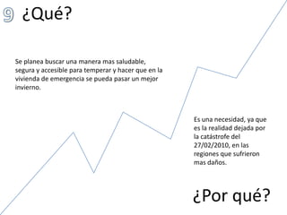 ¿Qué?9Se planea buscar una manera mas saludable, segura y accesible para temperar y hacer que en la vivienda de emergencia se pueda pasar un mejor invierno.Es una necesidad, ya que es la realidad dejada por la catástrofe del 27/02/2010, en las regiones que sufrieron mas daños.¿Por qué?