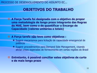 PROCESSO DE DESENVOLVIMENTO DO ASSUNTO EC...      OBJETIVOS DO TRABALHO A Força Tarefa foi designada com o objetivo de propor uma metodologia de longo prazo integrante das Regras do MAE, bem como o de quantificar o Encargo de Capacidade (valores unitários e totais) A Força tarefa  não  teve como objetivos : Sugerir mecanismos para licitação de capacidade emergencial de potência Sugerir procedimentos para Demand Side Management, visando aliviar crises esperadas de fornecimento em certas regiões do Brasil Entretanto, é possível conciliar estes objetivos de curto e de mais longo prazo 