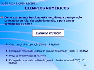 Como exatamente funciona esta metodologia para geração contratada ou não, despachada ou não, e para cargas contratadas ou não ?  EXEMPLO FICTÍCIO Custo marginal de operação (CMO): 15 R$/MWh Encargo de capacidade unitário da geração despachada (ECD): 10  R$/MWh Preço do MAE (PMAE): 25 R$/MWh Encargo de capacidade unitário da geração não despachada (ECND): 10 R$/MWh QUEM PAGA E QUEM RECEBE ...     EXEMPLOS NUMÉRICOS 