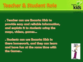 Searching Encarta Kids is easy. Just enter a word or phrase in the Encarta Kids Search Bar box and click the arrow. Encarta Kids displays results of all content related to the search term. More than 500 articles and extensive multimedia content is organized into ten categories, which provides another way to search Encarta Kids.