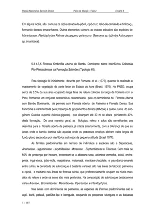 Parque Nacional da Serra do Divisor            Plano de Manejo – Fase 2               Encarte 5




Em alguns locais, são comuns os cipós escada-de-jaboti, cipó-cruz, rabo-de-camaleão e timboaçu,
formando densos emaranhados. Outros elementos comuns ao estrato arbustivo são espécies de
Marantaceae, Pteridophyta e Palmae de pequeno porte como Geonoma sp. (ubim) e Astrocaryum
sp. (mumbaca).




          5.3.1.3-5 Floresta Ombrófila Aberta de Bambu Dominante sobre Interflúvios Colinosos
          Plio-Pleistocênicos da Formação Solimões (Tipologia #8).


          Esta tipologia foi inicialmente descrita por Fonseca et al. (1976), quando foi realizado o
mapeamento de vegetação da parte leste do Estado do Acre (Brasil, 1976). No PNSD, ocupa
cerca de 8.5% da sua área ocupando larga faixa de relevo colinoso ao longo da fronteira com o
Peru, formando um conjunto descontínuo caracterizado pela co-dominância da Floresta Aberta
com Bambu Dominante, de permeio com Floresta Aberta de Palmeira e Floresta Densa. Sua
fisionomia é caracterizada pela presença de grupamentos densos (tabocal) e quase puros do sub-
gênero Guadua superba (taboca-gigante), que alcançam até 30 m de altura perfazendo 40%
desta formação. De uma maneira geral, as litologias, relevo e solos são semelhantes aos
descritos para a floresta aberta de palmeira, já citada anteriormente, com a diferença de que as
áreas onde o bambu domina são aquelas onde os processos erosivos abriram vales largos de
fundo plano separados por interflúvios colinosos de pequena altitude (Brasil 1977).
          As famílias predominantes em número de indivíduos e espécies são a Sapotaceae,
Anonaceae, Leguminosae, Lecythidaceae, Moraceae, Euphorbiaceae e Tiliaceae. Com mais de
50% de presença por hectare, encontram-se a abiorana-seca, abiorana-vermelha, axixá, envira-
preta, ingá-xixica, joão-mole, mapatirana, matamatá, morácea-chocolate, e pau-d'arco-amarelo
entre outras. A densidade do sub-bosque é bastante variável: alto nas áreas de tabocal, palmeiras
e cipoal, e mediano nas áreas de floresta densa, que preferencialmente ocupam os níveis mais
altos do relevo e onde os solos são mais profundos. Na composição do sub-bosque destacam-se
várias Araceae, Bromeliaceae, Marantaceae, Piperaceae e Pteridophytas.
          Nas áreas com dominância de palmeiras, as espécies de Palmae predominantes são o
açaí, buriti, patauá, paxiúba-lisa e barriguda, ocupando os pequenos talvegues e as baixadas

5 - 107
 