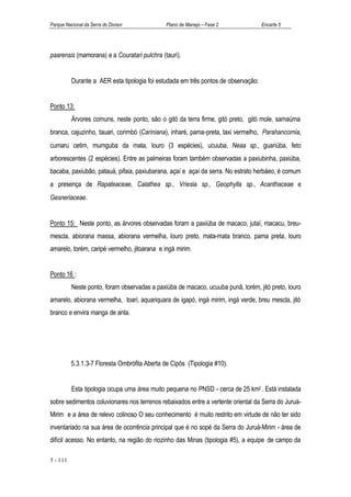 Parque Nacional da Serra do Divisor            Plano de Manejo – Fase 2             Encarte 5




paarensis (mamorana) e a Couratari pulchra (tauri).


          Durante a AER esta tipologia foi estudada em três pontos de observação:


Ponto 13:
          Árvores comuns, neste ponto, são o gitó da terra firme, gitó preto, gitó mole, samaúma
branca, cajuzinho, tauari, corimbó (Cariniana), inharé, pama-preta, taxi vermelho, Parahancornia,
cumaru cetim, mumguba da mata, louro (3 espécies), ucuuba, Neaa sp., guariúba, feto
arborescentes (2 espécies). Entre as palmeiras foram também observadas a paxiubinha, paxiúba,
bacaba, paxiubão, patauá, pifaia, paxiubarana, açaí e açaí da serra. No estrato herbáeo, é comum
a presença de Rapateaceae, Calathea sp., Vriesia sp., Geophylla sp., Acanthaceae e
Gesneriaceae.


Ponto 15: Neste ponto, as árvores observadas foram a paxiúba de macaco, jutaí, macacu, breu-
mescla, abiorana massa, abiorana vermelha, louro preto, mata-mata branco, pama preta, louro
amarelo, torém, caripé vermelho, jitoarana e ingá mirim.


Ponto 16 :
          Neste ponto, foram observadas a paxiúba de macaco, ucuuba punã, torém, jitó preto, louro
amarelo, abiorana vermelha, toari, aquariquara de igapó, ingá mirim, ingá verde, breu mescla, jitó
branco e envira manga de anta.




          5.3.1.3-7 Floresta Ombrófila Aberta de Cipós (Tipologia #10).


          Esta tipologia ocupa uma área muito pequena no PNSD - cerca de 25 km2 . Está instalada
sobre sedimentos coluvionares nos terrenos rebaixados entre a vertente oriental da Serra do Juruá-
Mirim e a área de relevo colinoso O seu conhecimento é muito restrito em virtude de não ter sido
inventariado na sua área de ocorrência principal que é no sopé da Serra do Juruá-Mirim - área de
difícil acesso. No entanto, na região do riozinho das Minas (tipologia #5), a equipe de campo da

5 - 111
 