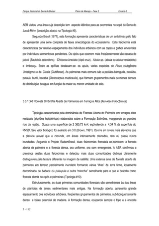 Parque Nacional da Serra do Divisor            Plano de Manejo – Fase 2            Encarte 5




AER visitou uma área cuja descrição tem aspecto idêntico para as ocorrentes no sopé da Serra do
Juruá-Mirim (descrição abaixo na Tipologia #5).
          Segundo Brasil (1977), esta formação apresenta características de um anticlímax pelo fato
de apresentar uma série completa de fases sinecológicas do ecossistema. Esta fisionomia está
caracterizada por relativo espaçamento dos indivíduos arbóreos com as copas e galhos envolvidos
por indivíduos sarmentosos pendentes. Os cipós que ocorrem mais freqüentemente são escada de
jabuti (Bauhinia splendens), Chicocca braciata (cipó-cruz), Abuta sp. (abuta ou abuta verdadeira)
e timboaçu. Entre as epífitas destacam-se: os apuís, varias espécies de Ficus (subgênero
Urostigma) e de Clusia (Guttiferae). As palmeiras mais comuns são a paxiúba-barriguda, paxiúba,
patauá, buriti, bacaba (Oenocarpus multicaulis), que formam grupamentos mais ou menos densos
de distribuição desigual em função da maior ou menor umidade do solo.




5.3.1.3-8 Floresta Ombrófila Aberta de Palmeiras em Terraços Altos (Aluviões Holocênicos)


          Tipologia caracterizada pela dominância de Floresta Aberta de Palmeira em terraços altos
residuais (aluviões holocênicos) elaborados sobre a Formação Solimões, margeando os grandes
rios da região. Ocupa uma superfície de 2 365,73 km2, eqüivalendo a 4,34 % da superfície do
PNSD. Seu valor biológico foi avaliado em 3.0 (Brown, 1991). Ocorre em níveis mais elevados que
a planície aluvial que o circunda, em áreas intensamente drenadas, rara ou quase nunca
inundadas. Segundo o Projeto RadamBrasil, duas fisionomias florestais co-dominam: a floresta
aberta de palmeira e a floresta densa, ora uniforme, ora com emergentes. A AER confirmou a
presença destas duas fisionomias e detectou mais duas comunidades distintas claramente
distinguíveis pela textura diferente na imagem de satélite: Uma extensa área de floresta aberta de
palmeiras em terreno parcialmente inundado formando várias “ilhas” de terra firme, localmente
denominada de baboca ou pula-pula e outra “mancha” semelhante para o que é descrito como
floresta aberta de cipós e palmeiras (Tipologia #10).
          Estruturalmente, as duas primeiras comunidades florestais são semelhantes às das áreas
de planícies de áreas sedimentares mais antigas. Na formação aberta, apresenta grande
espaçamento dos indivíduos arbóreos, freqüentes grupamentos de palmeiras, sub-bosque bastante
denso e baixo potencial de madeira. A formação densa, ocupando sempre o topo e a encosta

5 - 112
 