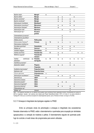 Parque Nacional da Serra do Divisor                        Plano de Manejo – Fase 2                         Encarte 5




 Bactris maior                          Marajá*              x                                              x
 Bactris bifida*                        Marajá                                       a       x                     x
 Bactris concinna*                      Marajá                                       a       x              x
 Bactris monticola*                     Marajá                                       a       x              x      x
 Astrocaryum mumbaca                    Mumbaca*                                                            x
 Astrocaryum murumuru*                  Murumuru                                     x       x              x      x
 Astrocaryum faranae*                   Murmuru                                      a
 Astrocaryum ulei*                      Murmuru                                              x              x      x
 Astrocaryum sp.*                       M.casca                                                             x
                                        grossa
 Chamaedoera juruensis*                                                                      x
 Chamaedoria pauciflora*                                                                     x
 Attalea pixuna                         Palha preta                                          x
 Oenocarpus bataua*                     Patauá               x       X               x       x              x              x        x
 Oenocarpus multinervis                                      X
 Socratea exorrhiza*                  Paxiubinha                                     a       x              x      x
 Attalea sp.*                         Ouricuri               x                       x       x              x
 Iriartella setigera                  Paxiubinha             x                                              x
 Iriartea exorrhiza                   Paxiúba lisa                   X               x       x                             x        x
 Wettinia augusta*                    Paxiuba-de-                                    a
                                      macaco
 Iriartea        ventricosa        ou Paxiúba                x       X               x       x              x      x       x        x
 deltoidea*                           barriguda
 Irianthera juruensis*                                                                                      x
 Aphandra natalia*                      Piaçava                                      a       x              x      x
                                        Pupunha                      X
 Guilielma macrocarpa*                  Pupunha brava
 Aiphanes ulei*                         Pupunha brava                                a
 Cocos speciosa                         Pupunharana x
 Astrocaryum aculeatum *                Tucumã                                       a       x              x      x
 Geonoma sp                             Ubim*         x                                                     x
 Geonoma acreana                        Ubim
 Geonoma acaulis*                       Ubim                                                 x      x
 Geonoma brogniartii*                   Ubim                                         a                             x
 Geonoma deversa*                       Ubim                                         a       x              x      x
 Pithecelobium sp*                                                                                          x
 Attalea sp*                            Urucuri                                                             x
OBS.: 1) As espécies marcadas por um asterisco são aquelas cujas ocorrências foram registradas durante o levantamento de campo da
AER de vegetação. Aquelas sem asterisco são citadas pelo Projeto RadamBrasil (Brasil, 1977); 2) A letra “a” na coluna referente à
Tipologia #4, indica que a ocorrência da espécie foi citada/registrada apenas para a Floresta de Várzea ao longo do Rio Môa.



5.3.1.7 Ameaças à integridade das tipologias vegetais no PNSD


          Entre os principais sinais de perturbação e ameaças à integridade dos ecossistemas
florestais observados no PNSD, estão o desmatamento e queimadas para ocupação por atividades
agropecuárias e a extração de madeiras e palhas. O desmatamento seguido de queimada pode
fugir do controle e invadir áreas não programadas para serem utilizadas.

5 - 135
 