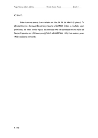 Parque Nacional da Serra do Divisor          Plano de Manejo – Fase 2            Encarte 5




4º) 5N = 23


          Maior número de gêneros foram coletados nos sítios 3N, 5N, 6N, 9N e 6S (6 gêneros). Os
gêneros Holepyris e Goniozus não ocorreram na parte sul do PNSD. Embora os resultados sejam
preliminares, até então, a maior riqueza de Bethylidae tinha sido constatada em uma região da
Flórida (51 espécies em 3.200 exemplares) (EVANS & FULLERTON, 1997). Esse resultado para o
PNSD, representa um recorde.




5 - 152
 