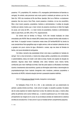 Parque Nacional da Serra do Divisor            Plano de Manejo – Fase 2             Encarte 5




posseiros; 11%, proprietários; 6%, herdeiros e 3%, empregados (administradores de fazendas ou
seringais). No entanto, este percentual varia muito quando é analisado por setores e por rios. No
Setor Sul, 100% dos moradores do Rio das Minas, Aparição, São Luiz e Reforma se declararam
posseiros. Nos rios Juruá e Ouro Preto, moram posseiros e herdeiros. Já nos rios Juruá-Mirim,
Môa e Azul moram posseiros, proprietários, herdeiros e administradores. A análise da situação
fundiária por setores mostrou que o maior número de posseiros encontra-se no Setor Sul (região
do Juruá), com cerca de 80%, e o maior número de proprietários, herdeiros e administradores
estão no setor Norte, com 98%, 84% e 77%, respectivamente.
          Do número total de famílias no Parque, 10,5% têm moradia localizada em áreas
arrecadadas pelo INCRA. Mais da metade (66%) destas áreas e dessas famílias estão situadas no
setor Norte. A ocupação humana é baixíssima nestas áreas (55 famílias/408.000 ha) devido às
suas características físico-geográficas seja na região serrana, onde se localizam cabeceiras de rios
e igarapés com pouco volume de água, dificultando o acesso, seja nas áreas de florestas de
bambu, com pouca densidade de seringueiras.
          Os limites e tamanho das propriedades tinham como base a quantidade de “estradas de
seringa”. Com a crise da borracha, a maioria dos antigos patrões, proprietários e/ou arrendatários
e subarrendatários, deixou de investir e até visitar as áreas, ficando uma espécie de situação de
abandono. Algumas áreas foram retalhadas entre vários herdeiros numa mesma família,
contribuindo para maior indefinição de limites. Este fato pode explicar as dificuldades encontradas
durante o levantamento sócio-econômico, quando as informações sobre limites e denominações de
propriedades/seringais foram bastante divergentes entre moradores, pretensos proprietários e
documentos do INCRA, indicando situação dominial e possessória bastante indefinida .


          5.6.2.1-4 Infra-estrutura Social (moradia, transporte e comunicação)


          As habitações (Fotos # 29, 33, e 36) e são construídas com uso predominante da
palmeira paxiúba (Iriartea exorrhiza), muito comum na região, no assoalho e paredes. Os esteios
são de outras espécies de madeira disponíveis na área. Na cobertura das casas, a maioria utiliza
palhas de palmeiras como ouricuri (Attalea sp.), e canaraí (Lepidocaryum sp.). Em muitas casas,
principalmente nas margens do rio Juruá, há uso de tábuas cerradas de madeira-de-lei e cobertura
de telhas de zinco/alumínio. O mais comum é que as moradias tenham compartimentos pequenos.


5 - 164
 