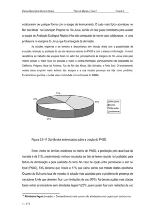 Parque Nacional da Serra do Divisor               Plano de Manejo – Fase 2                  Encarte 5




colaborarem de qualquer forma com a equipe de levantamento. O caso mais típico aconteceu no
Rio das Minas na Colocação Pirapora no Rio Jurua, aonde um dos guias contratados para auxiliar
a equipe de Avaliação Ecológica Rápida tinha sido ameacado de morte caso colaborasse, e uma
professora na margens do Juruá que foi ameaçada de demissão.
           As atitudes negativas e de temores e desconfiança tem relação direta com a possibilidade de
expulsão, restrição ou proibição do uso dos recursos naturais do PNSD e com o acesso à informação . A maior
resistência ao trabalho das equipes foram no setor Sul, principalmente às margens do Rio Jurua onde pelo
melhor acesso e maior fluxo de pessoas é maior a contra-informação, particularmente nas localidades de
California, Pirapora, Boca da Reforma, Foz do Rio das Minas, São Salvador, e Porto Said. O levantamento
nestas areas exigiram maior esforóo das equipes e a sua simples presença era tida como proibitiva,
fiscalizadora e punitiva – muitas vezes confundida com as funções do IBAMA.




                                      13%

            19%
                                                                        41%         Não gosta
                                                                                    Gosta
                                                                                    Não sabe
                                                                                    Indiferente


                           27%




           Figura 5.6–11 Opinião dos entrevistados sobre a criação do PNSD.


           Entre chefes de famílias residentes no interior do PNSD, a predileção pelo atual local de
moradia é de 91%, predominando motivos vinculados ao fato de terem nascido na localidade, pela
fartura de alimentação e pela qualidade da terra. No caso de opção entre permanecer e sair do
local (PNSD), 83% declarou que ficaria e 17% que sairia, sendo que metade destes escolheria
Cruzeiro do Sul como local de moradia. A solução mais apontada para o problema da presença de
moradores foi de que deveriam ficar com limitações de uso (40%). As demais opções mais citadas
foram retirar só moradores com atividades ilegais18 (20%),quem quiser ficar com restrições de uso


18
     Atividades ilegais (invasão) – O entendimento mais comum são atividades como caçada com cachorro ou

5 - 174
 
