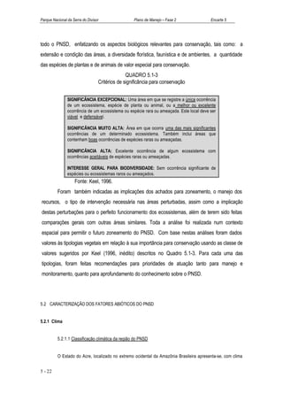 Parque Nacional da Serra do Divisor                Plano de Manejo – Fase 2               Encarte 5




todo o PNSD, enfatizando os aspectos biológicos relevantes para conservação, tais como: a
extensão e condição das áreas, a diversidade florística, faunística e de ambientes, a quantidade
das espécies de plantas e de animais de valor especial para conservação.
                                                QUADRO 5.1-3
                                  Critérios de significância para conservação


                SIGNIFICÂNCIA EXCEPCIONAL: Uma área em que se registre a única ocorrência
                de um ecossistema, espécie de planta ou animal, ou a melhor ou excelente
                ocorrência de um ecossistema ou espécie rara ou ameaçada. Este local deve ser
                viável e defensável.

                SIGNIFICÂNCIA MUITO ALTA: Área em que ocorra uma das mais significantes
                ocorrências de um determinado ecossistema. Também inclui áreas que
                contenham boas ocorrências de espécies raras ou ameaçadas.

                SIGNIFICÂNCIA ALTA: Excelente ocorrência de algum ecossistema com
                ocorrências aceitáveis de espécies raras ou ameaçadas.

                INTERESSE GERAL PARA BIODIVERSIDADE: Sem ocorrência significante de
                espécies ou ecossistemas raros ou ameaçados.
                    Fonte: Keel, 1996.
          Foram também indicadas as implicações dos achados para zoneamento, o manejo dos
recursos, o tipo de intervenção necessária nas áreas perturbadas, assim como a implicação
destas perturbações para o perfeito funcionamento dos ecossistemas, além de terem sido feitas
comparações gerais com outras áreas similares. Toda a análise foi realizada num contexto
espacial para permitir o futuro zoneamento do PNSD. Com base nestas análises foram dados
valores às tipologias vegetais em relação à sua importância para conservação usando as classe de
valores sugeridos por Keel (1996, inédito) descritos no Quadro 5.1-3. Para cada uma das
tipologias, foram feitas recomendações para prioridades de atuação tanto para manejo e
monitoramento, quanto para aprofundamento do conhecimento sobre o PNSD.




5.2 CARACTERIZAÇÃO DOS FATORES ABIÓTICOS DO PNSD


5.2.1 Clima


          5.2.1.1 Classificação climática da região do PNSD


          O Estado do Acre, localizado no extremo ocidental da Amazônia Brasileira apresenta-se, com clima


5 - 22
 