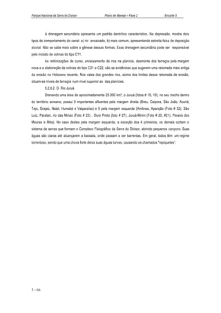 Parque Nacional da Serra do Divisor                Plano de Manejo – Fase 2                Encarte 5




          A drenagem secundária apresenta um padrão dentrítico característico. Na depressão, mostra dois
tipos de comportamento do canal: a) rio encaixado, b) mais comum, apresentando estreita faixa de deposição
aluvial. Não se sabe mais sobre a gênese dessas formas. Essa drenagem secundária pode ser responsável
pela incisão de colinas do tipo C11.
          As retilinizações de curso, encaixamento de rios na planície, desmonte dos terraços pela margem
nova e a elaboração de colinas do tipo C21 e C22, são as evidências que sugerem uma retomada mais antiga
da erosão no Holoceno recente. Nos vales dos grandes rios, acima dos limites dessa retomada de erosão,
situam-se níveis de terraços num nível superior ao das planícies.
          5.2.6.2 O Rio Juruá
          Drenando uma área de aproximadamente 25.000 km², o Juruá (fotos # 18, 19), no seu trecho dentro
do território acreano, possui 9 importantes afluentes pela margem direita (Breu, Caipora, São João, Acuriá,
Tejo, Grajaú, Natal, Humaitá e Valparaíso) e 9 pela margem esquerda (Amônea, Aparição (Foto # 52), São
Luiz, Paratari, rio das Minas (Foto # 23) , Ouro Preto (foto # 27), Juruá-Mirim (Foto # 20, #21), Paraná dos
Mouras e Môa). No caso destes pela margem esquerda, a exceção dos 4 primeiros, os demais cortam o
sistema de serras que formam o Complexo Fisiográfico da Serra do Divisor, abrindo pequenos canyons. Suas
águas são claras até alcançarem a baixada, onde passam a ser barrentas. Em geral, todos têm um regime
torrentoso, sendo que uma chuva forte deixa suas águas turvas, causando os chamados "repiquetes”.




5 - 66
 