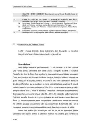 Parque Nacional da Serra do Divisor             Plano de Manejo – Fase 2              Encarte 5




                 COLUVIAIS - IDADE HOLOCÊNICA. Subordinamente ocorre Floresta Ombrófila Aberta de
                 Palmeiras.

 11              FORMAÇÕES EDÁFICAS DAS ÁREAS DE ACUMULAÇÃO INUNDAVÉIS NAS ÁREAS
                 DEPRIMIDAS DOS INTERFLÚVIOS TABULARES (FORMAÇÃO SOLIMÕES)
         11a     Campinarana Arbóréa Densa sem Palmeiras e subordinadamente Campinarana Arbórea
                 Aberta com Palmeiras e em áreas restritas Campinarana Arbustiva sem Palmeiras..
         11b     Campinarana Arbustiva sem Palmeiras e subordinadamente Campinarana Arbórea Aberta
                 com Palmeiras.
         11c     Campinarana Arbustiva e subordinadamente Vegetação Gramíneo - Lenhosa sem Palmeiras.
 12              ÁREAS ANTRÓPICAS (agropecuária , áreas urbanas e vegetação secundária)




5.3.1.3 Caracterização das Tipologias Vegetais


          5.3.1.3-1 Floresta Ombrófila Densa Submontana Com Emergentes do Complexo
          Fisográfico da Serra do Divisor de Idade Cretácica (Grupo Acre).




          Descrição Geral
          Nesta tipologia florestal de aproximadamente 773 km2 (cerca de 9 % do PNSD) domina
uma Floresta Densa Submontana com estrato arbóreo emergente revestindo o Complexo
Fisiográfico da Serra do Divisor. Este complexo foi desenvolvido sobre as litologias arenosas do
Grupo Acre (Formação Môa, Formação Rio Azul e Formação Divisor) do Cretáceo e é formado por
quatro serras (Serra da Jaquirana, Serra do Môa, Serra do Juruá-Mirim e Serra do Rio Branco) de
direção geral Norte-Sul, que se constituem na borda ocidental da Bacia Amazônica. O relevo é
bastante dissecado com cristas de altitudes de 300 a 600 m, o que torna seu acesso e ocupação
antrópica bastante difícil. O índice de dissecação é mediano e a intensidade do aprofundamento
da drenagem também mediana variando entre 250 a 600 m. Os solos são predominantemente
Podzólicos Vermelho Amarelo Álicos pouco profundos ocorrendo também Areias Quartzosas
Álicas. As encostas apresentam grande susceptibilidade à erosão sendo comuns deslizamentos
nas vertentes abruptas particularmente sobre os arenitos friáveis da Formação Môa, com o
conseqüente carreamento da cobertura vegetal claramente discerníveis na imagem de satélite.
          Possui valor especial para conservação, pelo fato de ser um ecossistema florestal
submontano com espécies andinas e subandinas incomuns na Amazônia, pela ocorrência de

5 - 84
 