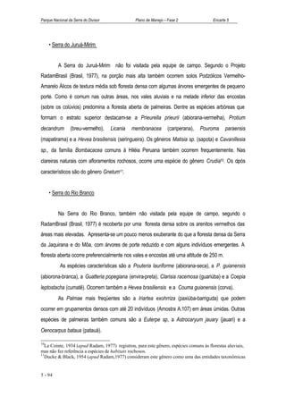 Parque Nacional da Serra do Divisor              Plano de Manejo – Fase 2              Encarte 5




     • Serra do Juruá-Mirim


          A Serra do Juruá-Mirim não foi visitada pela equipe de campo. Segundo o Projeto
RadamBrasil (Brasil, 1977), na porção mais alta também ocorrem solos Podzólicos Vermelho-
Amarelo Álicos de textura média sob floresta densa com algumas árvores emergentes de pequeno
porte. Como é comum nas outras áreas, nos vales aluviais e na metade inferior das encostas
(sobre os colúvios) predomina a floresta aberta de palmeiras. Dentre as espécies arbóreas que
formam o estrato superior destacam-se a Prieurella prieurii (abiorana-vermelha), Protium
decandrum        (breu-vermelho),     Licania   membranacea        (cariperana),   Pouroma    paraensis
(mapatirama) e a Hevea brasiliensis (seringueira). Os gêneros Matisia sp. (sapota) e Cavanillesia
sp., da família Bombacacea comuns à Hiléia Peruana também ocorrem frequentemente. Nas
clareiras naturais com afloramentos rochosos, ocorre uma espécie do gênero Crudia10. Os cipós
característicos são do gênero Gnetum11.


     • Serra do Rio Branco


          Na Serra do Rio Branco, também não visitada pela equipe de campo, segundo o
RadamBrasil (Brasil, 1977) é recoberta por uma floresta densa sobre os arenitos vermelhos das
áreas mais elevadas. Apresenta-se um pouco menos exuberante do que a floresta densa da Serra
da Jaquirana e do Môa, com árvores de porte reduzido e com alguns indivíduos emergentes. A
floresta aberta ocorre preferencialmente nos vales e encostas até uma altitude de 250 m.
           As espécies características são a Pouteria lauriforme (abiorana-seca), a P. guianensis
(abiorona-branca), a Guatteria popegiana (envira-preta), Clarisia racemosa (guariúba) e a Coepia
leptostacha (cumatê). Ocorrem também a Hevea brasiliensis e a Couma guianensis (corva).
          As Palmae mais freqüentes são a Iriartea exohrriza (paxiúba-barriguda) que podem
ocorrer em grupamentos densos com até 20 indivíduos (Amostra A.107) em áreas úmidas. Outras
espécies de palmeiras também comuns são a Euterpe sp, a Astrocaryum jauary (jauari) e a
Oenocarpus bataua (patauá).

10
  Le Cointe, 1934 (apud Radam, 1977) registrou, para este gênero, espécies comuns às florestas aluviais,
mas não fez referência a espécies de habitats rochosos.
11
   Ducke & Black, 1954 (apud Radam,1977) consideram este gênero como uma das entidades taxonômicas


5 - 94
 