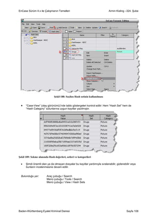 EnCase Sürüm 4.x ile Çalışmanın Temelleri                                     Armin Kisling –324. Şube




                               Şekil 188: Seçilen Hash setinin kullanılması


  •   “Case-View” (olay görünümü)’nde tablo göstergeleri kontrol edilir: Hem “Hash Set” hem de
      “Hash Category” sütunlarına uygun kayıtlar yazılmıştır.




Şekil 189: Sekme alanında Hash değerleri, setleri ve kategorileri

  •   Şimdi önemli olan ya da olmayan dosyalar bu kayıtlar yardımıyla sıralanabilir, gizlenebilir veya
      bunların incelenmesine devam edilir.


  Bulunduğu yer:         Araç çubuğu / Search
                         Menü çubuğu / Tools / Search
                         Menü çubuğu / View / Hash Sets




Baden-Württemberg Eyalet Kriminal Dairesi                                                     Sayfa 108
 
