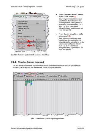 EnCase Sürüm 4.x ile Çalışmanın Temelleri                                       Armin Kisling –324. Şube



                                                                 •   Fewer Columns / More Columns
                                                                     (daha az/çok sütun) (1)
                                                                     Sütun sayısının azaltılması veya
                                                                     çoğaltılması. Komut üzerine her
                                                                     tıklandığında bir sütun çıkarılır ya
                                                                     da eklenir. Alternatif olarak “Ctrl +
                                                                     Num - ya da +” kullanılabilir
                                                                     (klavyedeki sayı tuş takımında artı
                                                                     veya eksi işareti).

                                                                 •   Fewer Rows / More Rows (daha
                                                                     az/çok satır) (2)
                                                                     Satır sayısının azaltılması veya
                                                                     çoğaltılması. Komut üzerine her
                                                                     tıklandığında bir satır çıkarılır ya da
                                                                     eklenir. Alternatif olarak “Shift +
                                                                     Num - ya da +” kullanılabilir
                                                                     (klavyedeki sayı tuş takımında artı
                                                                     veya eksi işareti).


Şekil 16: “Gallery” görünümünde ayarlama olanakları



2.2.4. Timeline (zaman doğrusu)
 EnCase’deki bu özellik tarih bilgilerinin toplu halde gösterilmesine olanak verir. Bu şekilde kayıtlı
 tarihlere göre örneğin en son faaliyetin ne zaman olduğu söylenebilir.




                           Şekil 17: “Timeline” (zaman doğrusu) görünümü




Baden-Württemberg Eyalet Kriminal Dairesi                                                         Sayfa 20
 