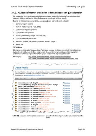 EnCase Sürüm 4.x ile Çalışmanın Temelleri                                     Armin Kisling –324. Şube


3.1.3. Guidance İnternet sitesinden tedarik edilebilecek güncellemeler
 Sık sık yapılan program iyileştirmeleri ve geliştirmeleri nedeniyle Guidance İnternet sitesindeki
 karşıdan yükleme sayfasının düzenli olarak ziyaret edilmesi şiddetle önerilir.
 Zorunlu üyelik işlemi tamamlandıktan sonra aşağıdaki ürünler tedarik edilebilir:
 •   Güncel program sürümü
 •   Tüm ek modüller (VFS, PDE, EFS)
 •   Güncel EnScript kütüphanesi
 •   Güncel filtre kütüphanesi
 •   Sürücü yazılımları (Dongle, sürücüler, vs.)
 •   Güncel Boot disk görüntüleri
 •   Yardımcı videolar (ve bunlar için gerekli “WebEx Player”)
 •   Aletler, vs.
 Püf Noktası:
 Siteyi ziyaret ettiğinizde “Messageboard”a (mesaj panosu, üyelik gerekmektedir!) bir göz atmak
 faydalıdır, çünkü burada EnCase programıyla değerlendirme işi (ve dolayısıyla ortaya çıkan
 problemler) hakkında diğer kullanıcılarla yoğun bir deneyim alışverişi olmaktadır.
 Kaynak(lar):          http://www.guidancesoftware.com/support/downloads.shtm
                       http://www.guidancesoftware.com/support/MessageBoard/Index.shtm




 Şekil 152: Guidance Software firmasının en son güncellemeleri sunduğu karşıdan yükleme sayfasından
                                                 alıntı




Baden-Württemberg Eyalet Kriminal Dairesi                                                      Sayfa 84
 
