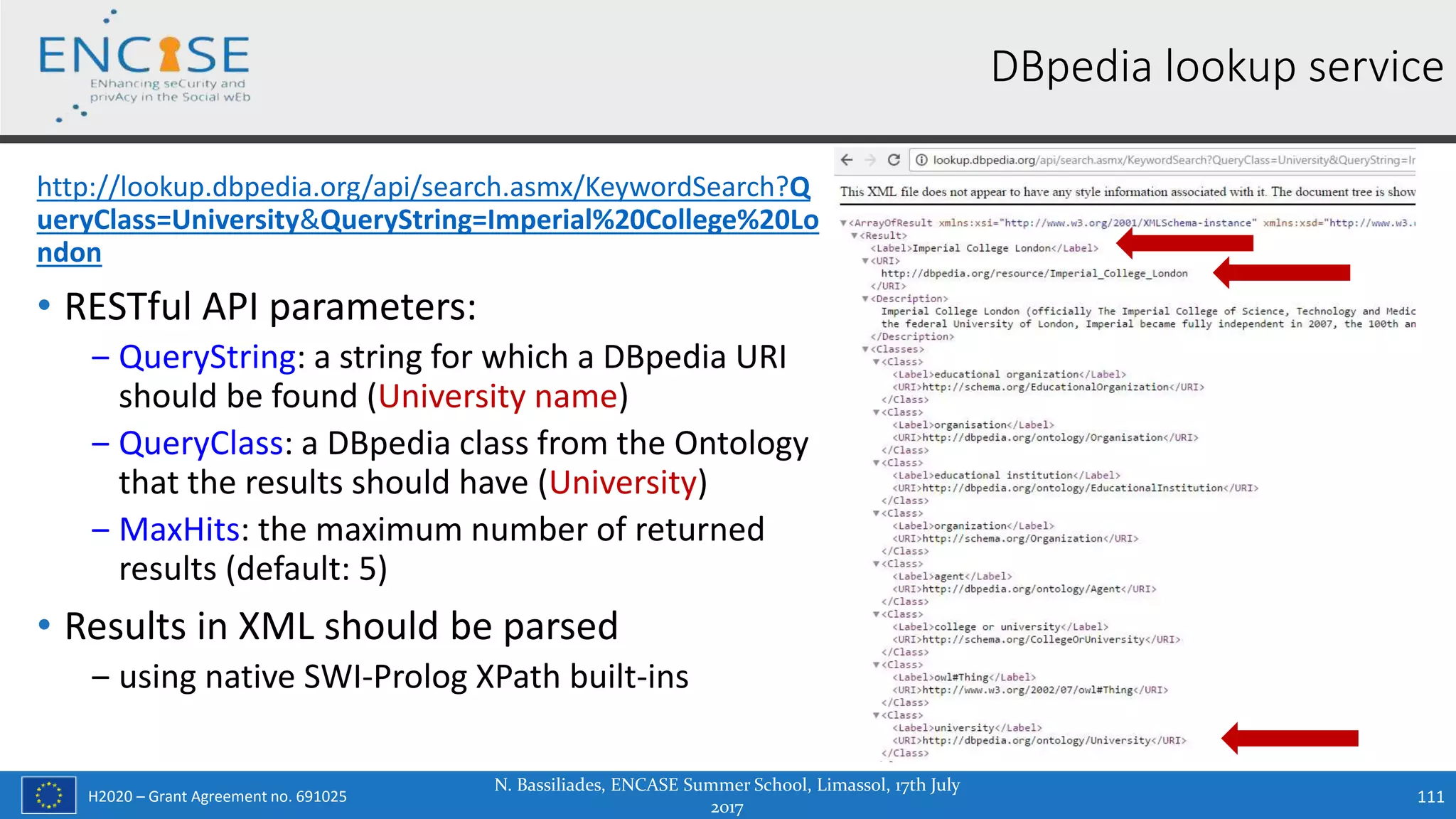 H2020 – Grant Agreement no. 691025
http://lookup.dbpedia.org/api/search.asmx/KeywordSearch?Q
ueryClass=University&QueryString=Imperial%20College%20Lo
ndon
• RESTful API parameters:
‒ QueryString: a string for which a DBpedia URI
should be found (University name)
‒ QueryClass: a DBpedia class from the Ontology
that the results should have (University)
‒ MaxHits: the maximum number of returned
results (default: 5)
• Results in XML should be parsed
‒ using native SWI-Prolog XPath built-ins
111
DBpedia lookup service
N. Bassiliades, ENCASE Summer School, Limassol, 17th July
2017
 