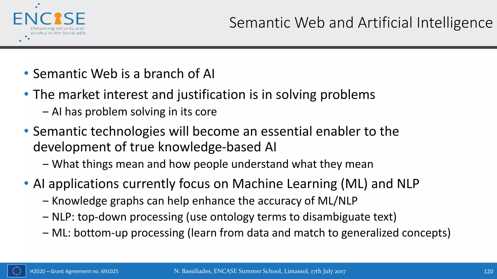 H2020 – Grant Agreement no. 691025
• Semantic Web is a branch of AI
• The market interest and justification is in solving problems
‒ AI has problem solving in its core
• Semantic technologies will become an essential enabler to the
development of true knowledge-based AI
‒ What things mean and how people understand what they mean
• AI applications currently focus on Machine Learning (ML) and NLP
‒ Knowledge graphs can help enhance the accuracy of ML/NLP
‒ NLP: top-down processing (use ontology terms to disambiguate text)
‒ ML: bottom-up processing (learn from data and match to generalized concepts)
120
Semantic Web and Artificial Intelligence
N. Bassiliades, ENCASE Summer School, Limassol, 17th July 2017
 