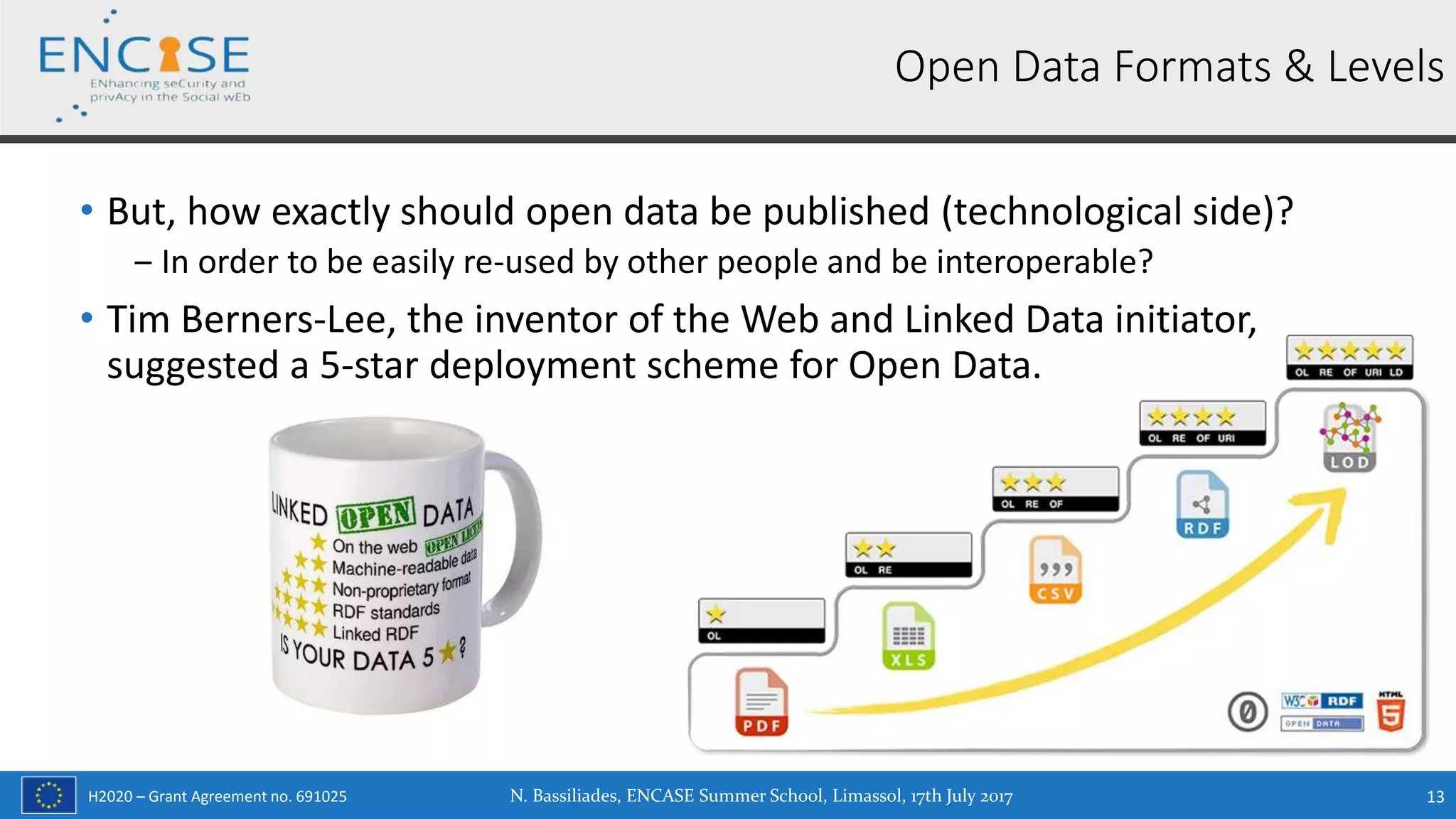 H2020 – Grant Agreement no. 691025
• But, how exactly should open data be published (technological side)?
‒ In order to be easily re-used by other people and be interoperable?
• Tim Berners-Lee, the inventor of the Web and Linked Data initiator,
suggested a 5-star deployment scheme for Open Data.
N. Bassiliades, ENCASE Summer School, Limassol, 17th July 2017 13
Open Data Formats & Levels
 