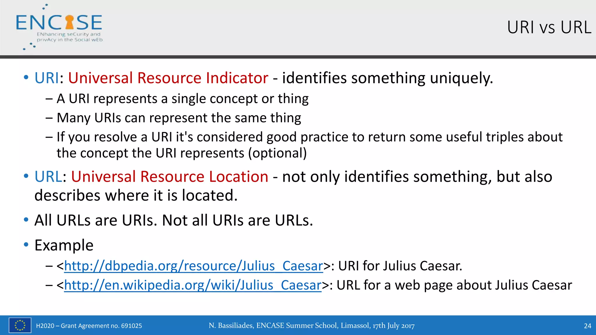 H2020 – Grant Agreement no. 691025
• URI: Universal Resource Indicator - identifies something uniquely.
‒ A URI represents a single concept or thing
‒ Many URIs can represent the same thing
‒ If you resolve a URI it's considered good practice to return some useful triples about
the concept the URI represents (optional)
• URL: Universal Resource Location - not only identifies something, but also
describes where it is located.
• All URLs are URIs. Not all URIs are URLs.
• Example
‒ <http://dbpedia.org/resource/Julius_Caesar>: URI for Julius Caesar.
‒ <http://en.wikipedia.org/wiki/Julius_Caesar>: URL for a web page about Julius Caesar
N. Bassiliades, ENCASE Summer School, Limassol, 17th July 2017 24
URI vs URL
 